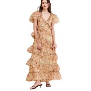 NWT Selkie The Elfin Dress Maxi Flutter Mushroom Ivory Red Tan Sz Small N